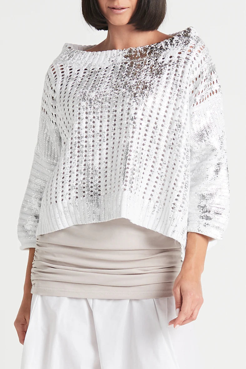 Planet - Metallic Crochet Sweater White/Silver