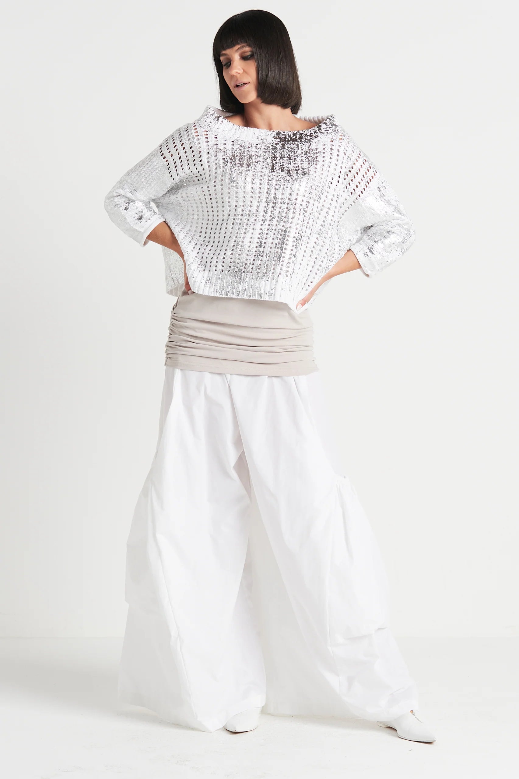 Planet - Metallic Crochet Sweater White/Silver