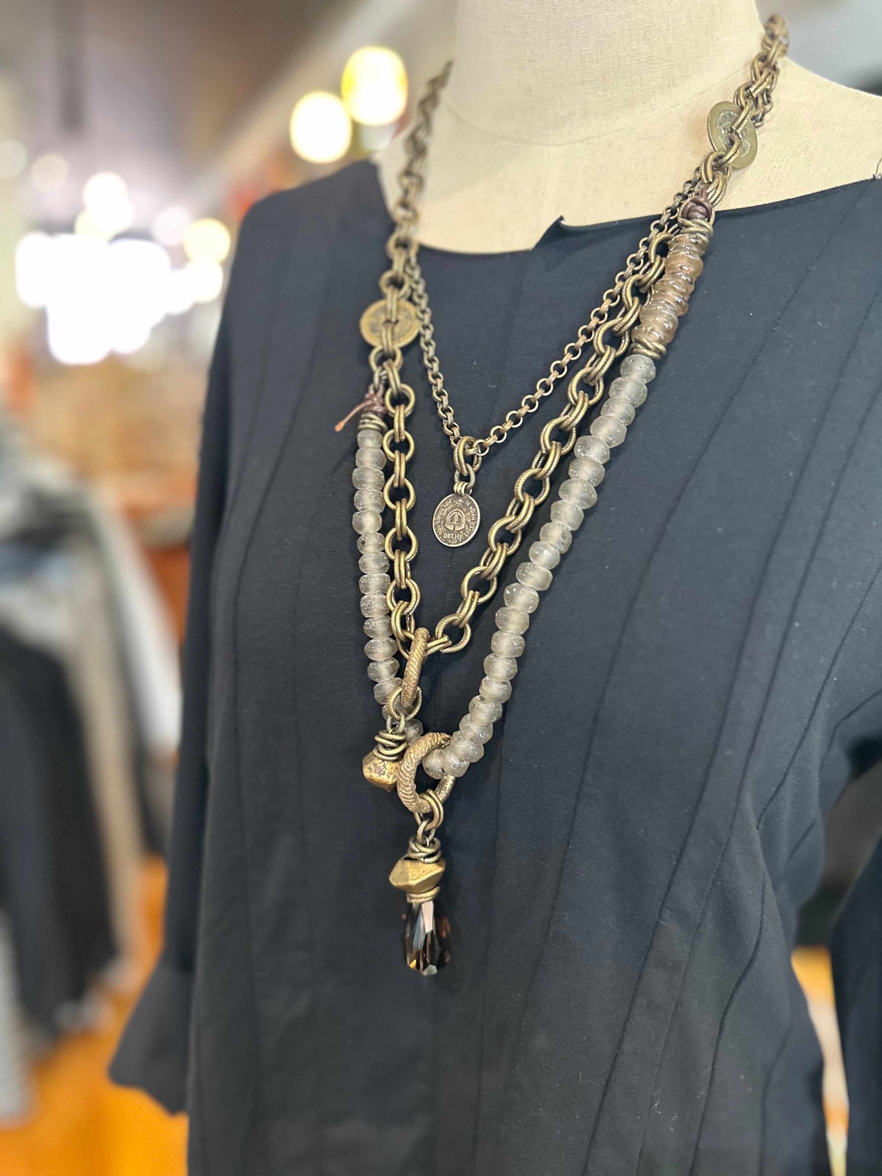 Mya Lambrecht - Quartz Coin and Brass Tiered Necklace